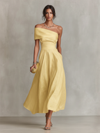Yellow Linen Dress With One-Shoulder Neckline & Fitted Waist