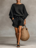 Minimalist Lace Boat Neck Blouse And Shorts Set