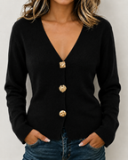 Women's V‑Neck Decorative Gold Button Long Sleeve Knit Cardigan