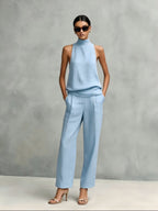 Women's Elegant Cotton And Linen Round-neck Sleeveless Top And Trousers Set