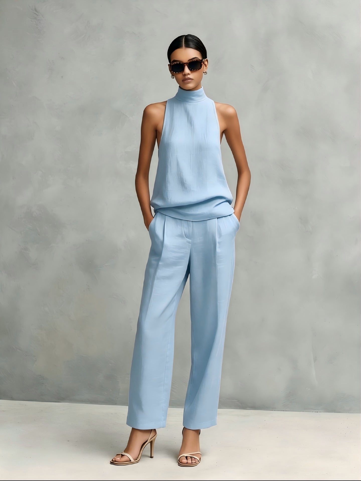 Women's Elegant Cotton And Linen Round-neck Sleeveless Top And Trousers Set