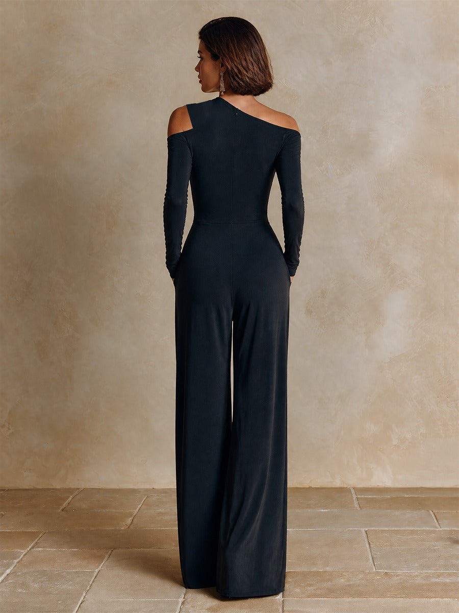 Navy One‑Shoulder Party Wide‑Leg Jumpsuit