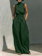 Women'S Sleeveless Turtleneck Top & High‑Waist Wide‑Leg Pants Two‑Piece Set