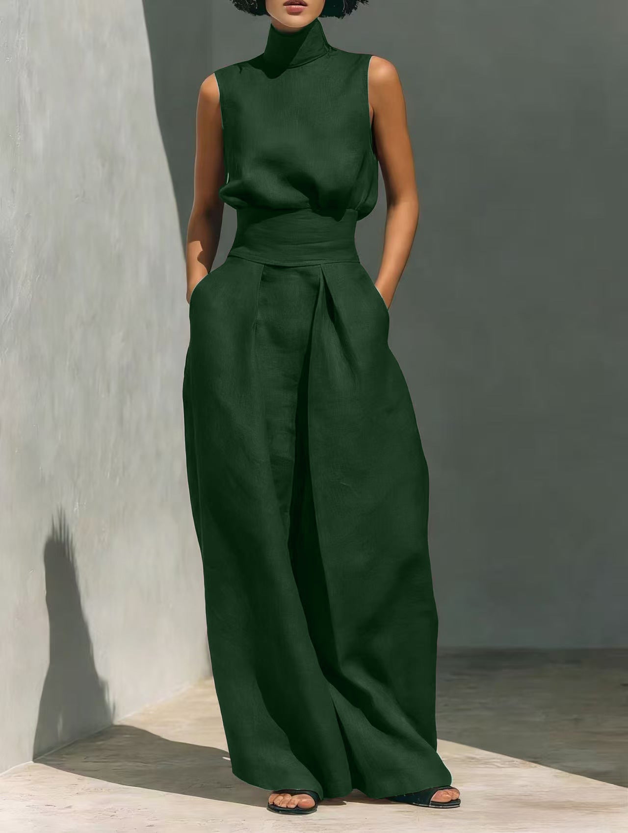 Women'S Sleeveless Turtleneck Top & High‑Waist Wide‑Leg Pants Two‑Piece Set
