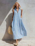 Women's Summer Resort Seaside Plaid Sleeveless Loose Long Dress