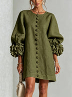Women Blush Pink Fabric Floral Appliqué Balloon‑Sleeve Shift Mini Dress