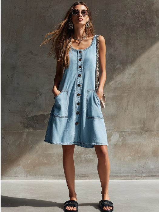 Effortless Chic Sleeveless Denim Shift Dress for Women