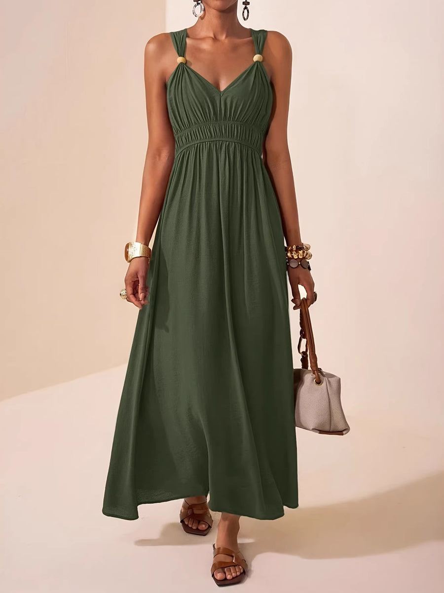 A-Line Loose Pleated Solid Color Spaghetti-Neck Maxi Dresses