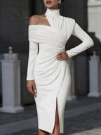 Irregularity Long Sleeves Asymmetric Pleated Solid Color Split-Front Split-Joint Split-Side High Neck Midi Dresses