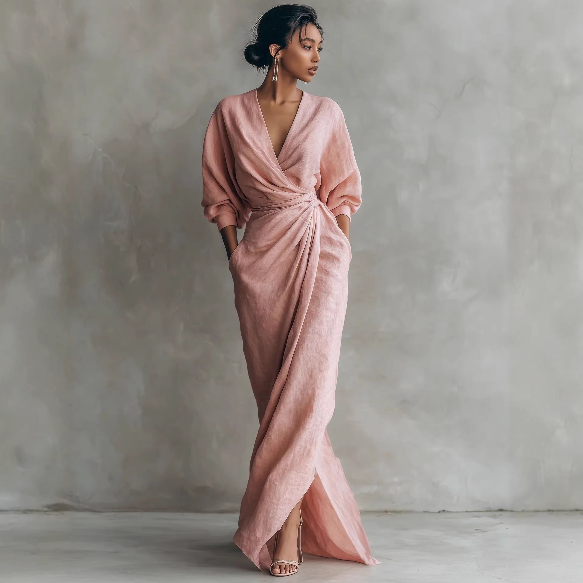 Women's Wrap‑Front Draped Linen Maxi Dress