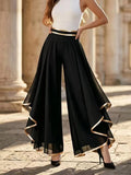 Elegant Gold Trim Wide Leg Chiffon Pants