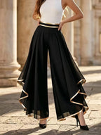 Elegant Gold Trim Wide Leg Chiffon Pants