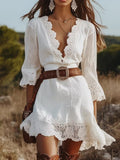 Scalloped Lace V Neck 3/4 Flare Sleeve Mini Dress