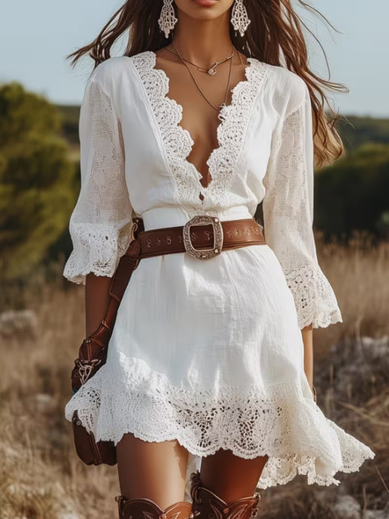 Scalloped Lace V Neck 3/4 Flare Sleeve Mini Dress