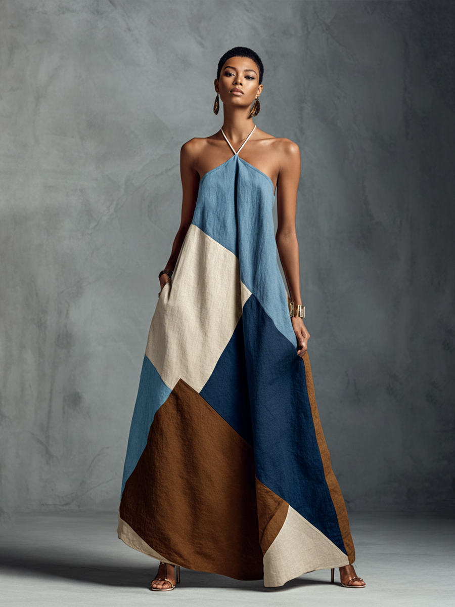 Women's Bohemian Multi-color Cotton Linen Blend Patchwork Halter Maxi Dress