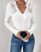 V-Neck Lace Panel Long-Sleeved Top