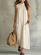 Loose Pocket Sleeveless Linen Blend Maxi Dress