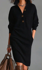 Women's Autumn Casual Lapel Button Loose Mid-Length Sweater Dress