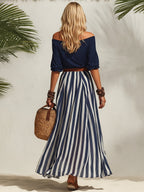 Navy Off Shoulder Top Stripe Pants Set