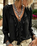 Ruffle Trim Tie-Up V-Neck Long Sleeve Blouse