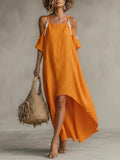 Vibrant Orange Cold-Shoulder High-Low Maxi Dress