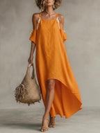 Vibrant Orange Cold-Shoulder High-Low Maxi Dress