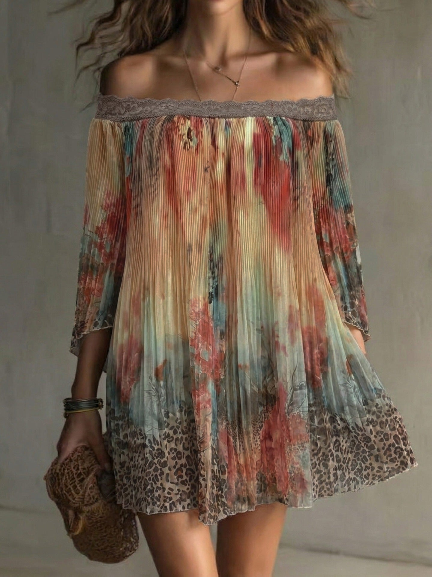 Fairy Off-Shoulder Floral Leopard Print Skirt