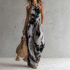 Women's Beige Abstract Print Halter Wide-Leg Jumpsuit