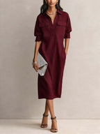 Utility Pocket Half Placket Midi Shirt Dress