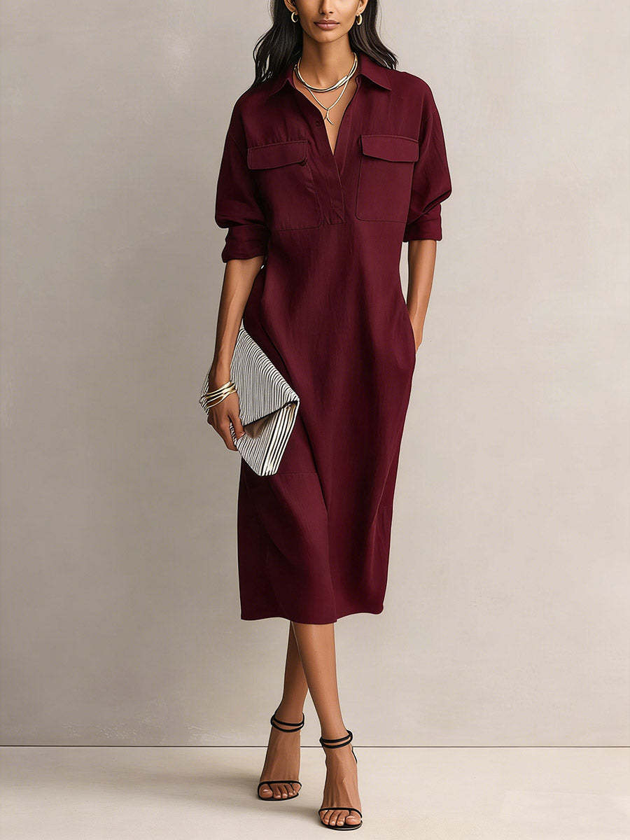 Utility Pocket Half Placket Midi Shirt Dress