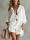 Fashion Cotton Linen Pocket Beach Shorts Shirt Suit