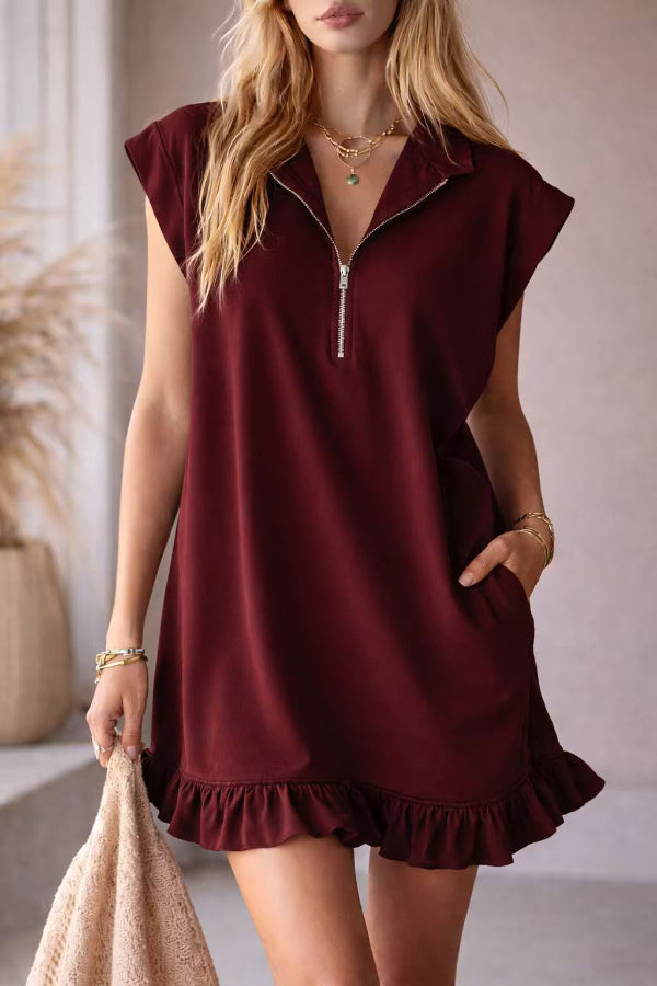 Solid Color Loose Sleeveless Pocket Casual Ruffle Mini Dress