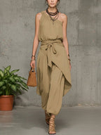 Stylish Casual Linen And Cotton One-shoulder Sleeveless Jumpsuit