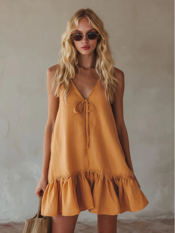 Mustard Tie Front Spaghetti Strap Linen Mini Dress