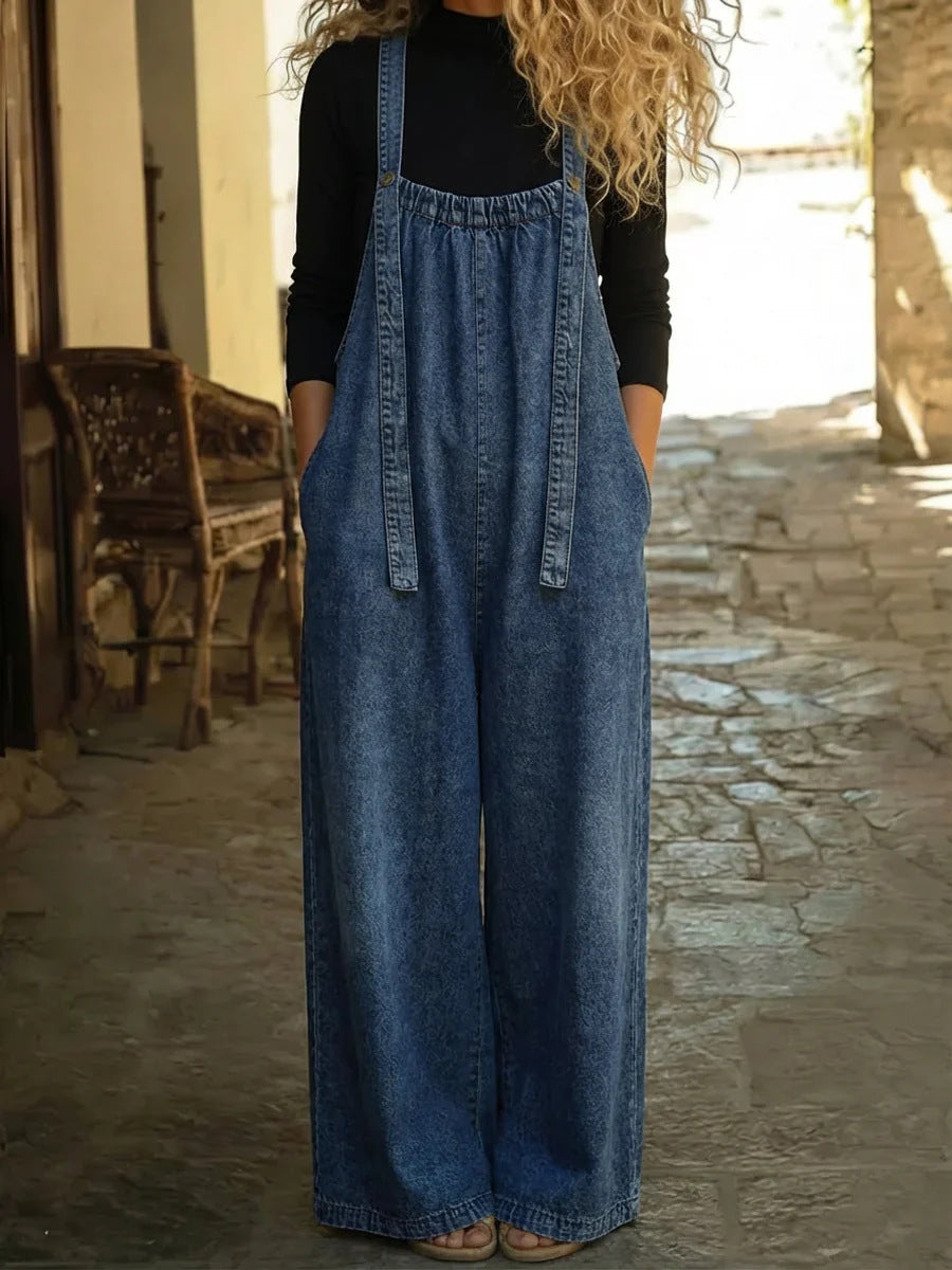 Vintage Washed Wide Leg Denim Overalls