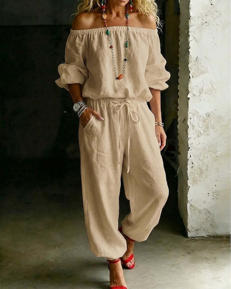 Sage Linen Off Shoulder Drawstring Waist Jogger Jumpsuit