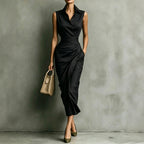 Women's Burgundy Sleeveless Wrap Shirt Midi Dress - Elegant Office & Evening Wear