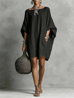 Women's Solid-color round-neck 3/4-sleeve Casual Loose Cotton-linen Dress