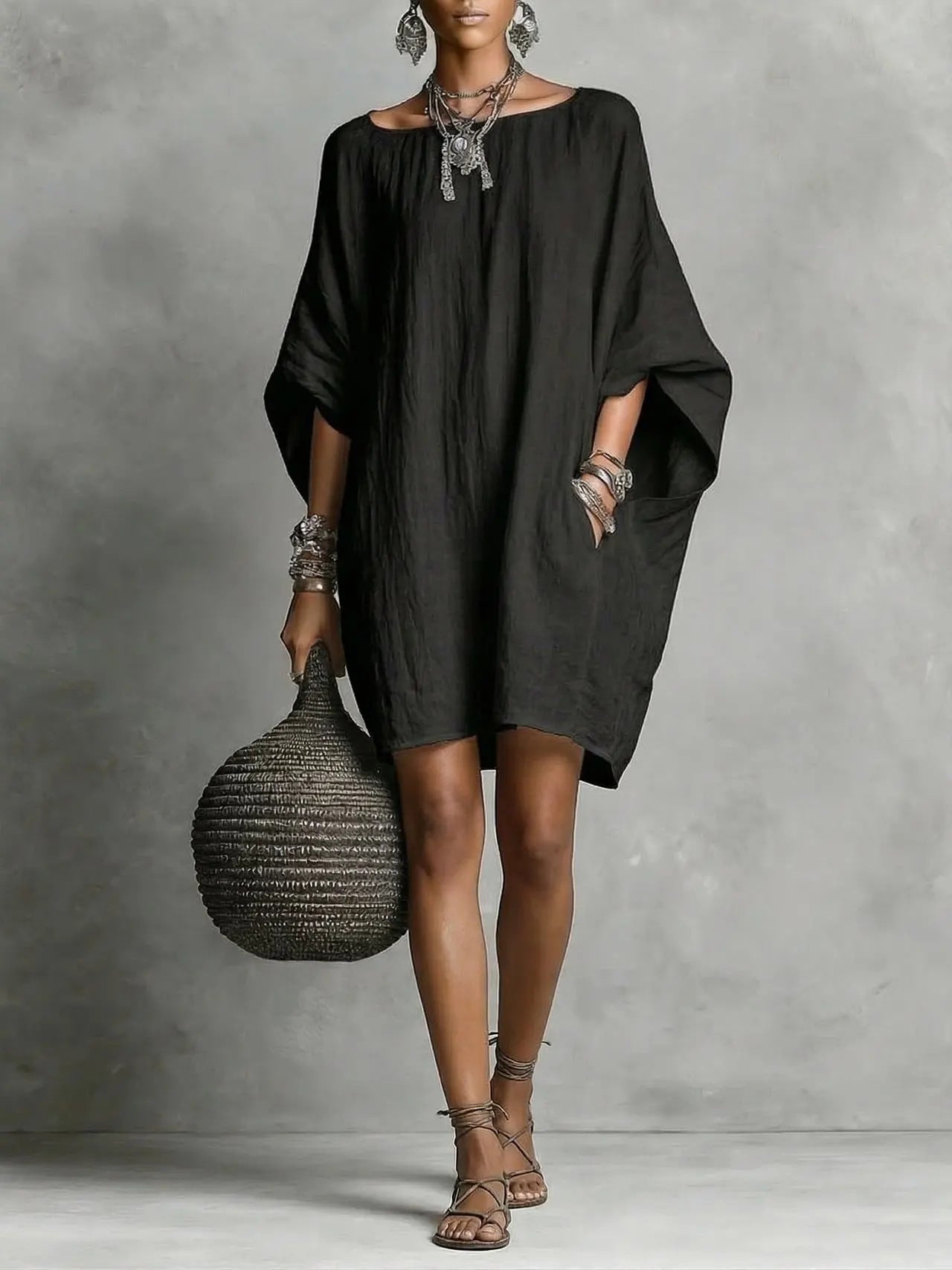 Women's Solid-color round-neck 3/4-sleeve Casual Loose Cotton-linen Dress