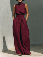 Women'S Sleeveless Turtleneck Top & High‑Waist Wide‑Leg Pants Two‑Piece Set