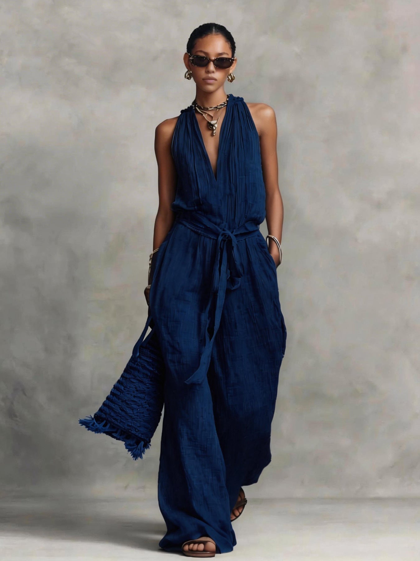 Casual Lace-Up Sleeveless Cotton Blend Jumpsuit