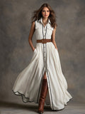 Belted Contrast Piping Maxi Shirt Dress
