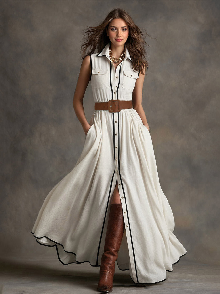 Belted Contrast Piping Maxi Shirt Dress