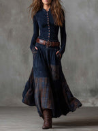 Vintage Patchwork Suede Maxi Dress With Plaid Panels