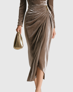 Velvet Draped Pleated Midi Dress