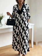Elegant Art Print Color Block Trim V-neck Midi Dress
