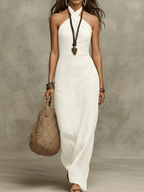 Relaxed Soft Drape Halter Column Linen Halter Maxi Dress