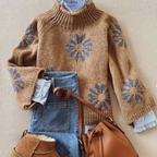 Floweary Retro Brown Mock Neck Long Sleeve Sweater