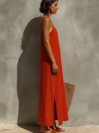 Women's Red Cotton Dress With Spaghetti Straps & Square Neck, Timeless Boho-Resort Style Dress