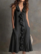 🌿 Ruffle V-Neck Sleeveless Midi Dress